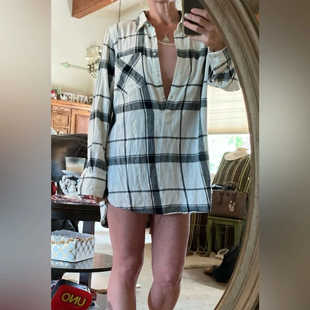 Merona Flannel Plaid White, Black and Gold Tunic Top XL - Picture 8 of 11